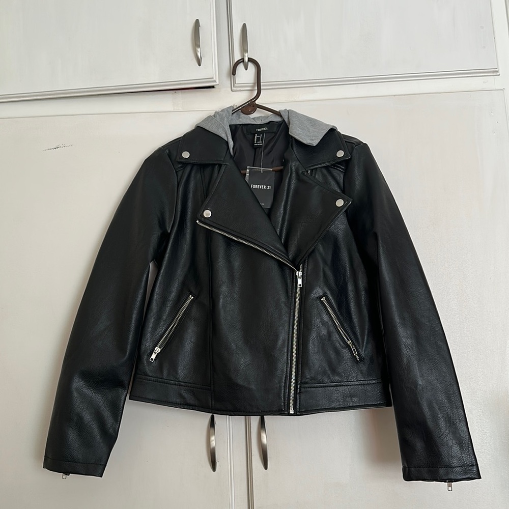 Black and heather grey jacket. Leather jacket with a soft heather grey hood.
